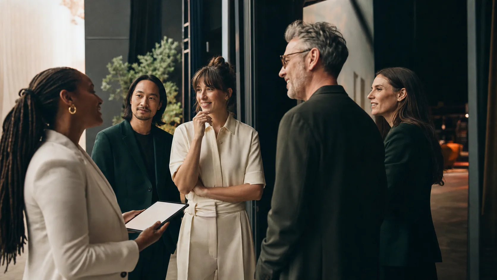 Editorial image of invited presenters in conversation near a live-event stage