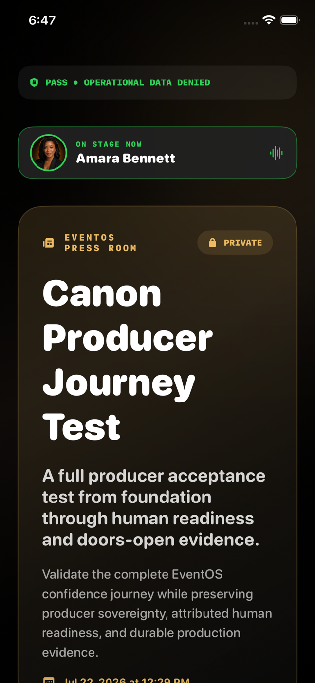 Pre-release private Press Room showing operational data denied and the current speaker pinned at the top